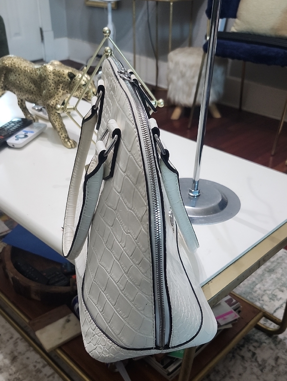 GUESS White Croc-Embossed Dome Satchel - Picture 8 of 16